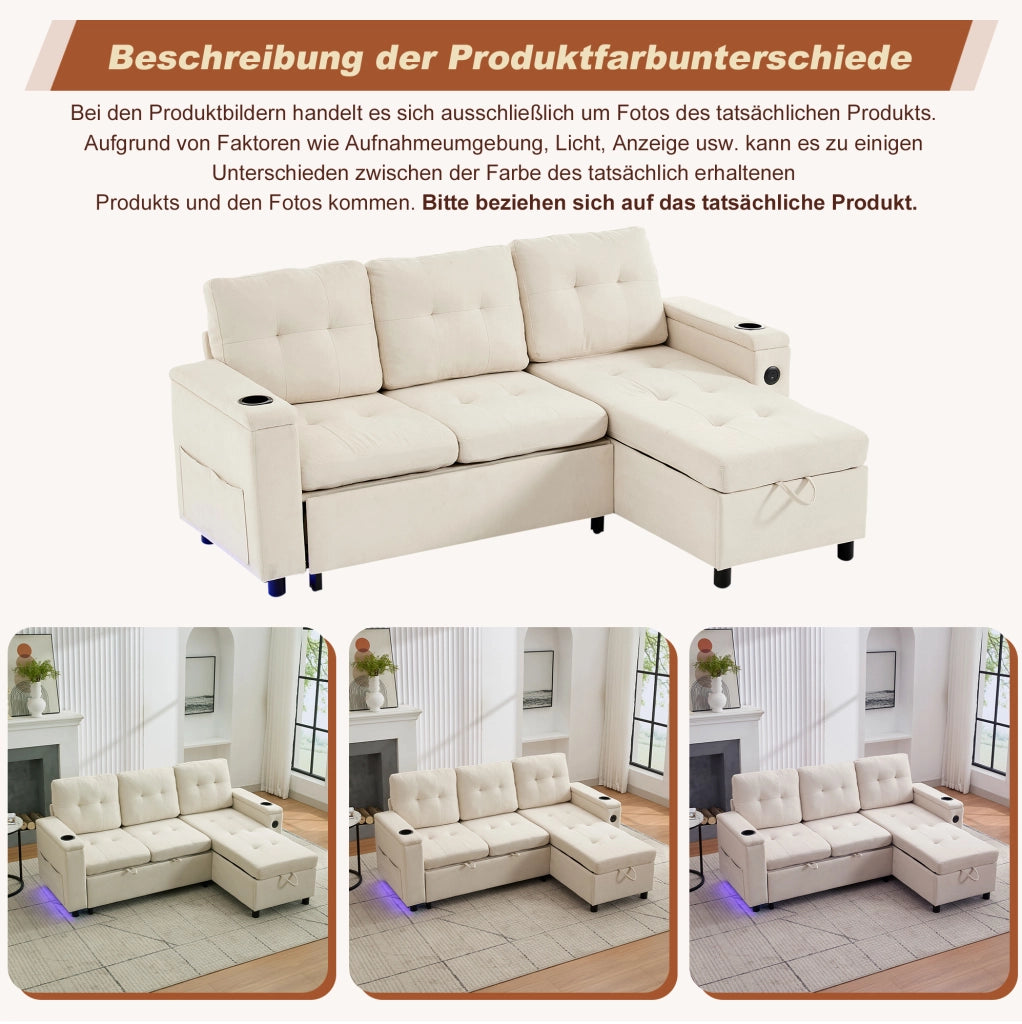 Sofa letto pieghevole 208 x 146 x 89;5 cm con contenitore nascosto; beige