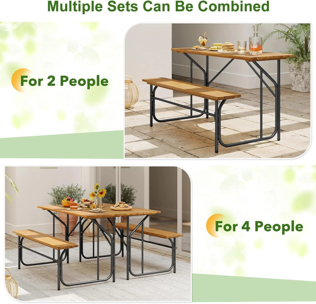 Panca da tavolo da picnic mezza per 2 persone, set tavolo da pranzo e panca in legno di acacia con struttura in metallo resistente, per patio, veranda, giardino, cortile posteriore
