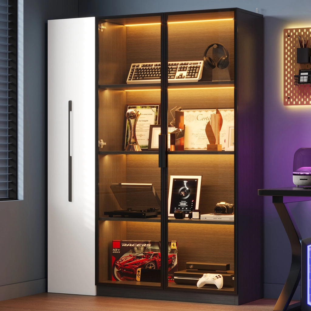 VETRINA con LED 110,5x35x160 cm MDF e Vetro Nero/Bianco con Estraibile Laterale