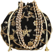 Borsa artigianale indiana in cotone e seta, borsa da donna, clutch mano a maglia per matrimoni, feste e regali. H-21,59 cm x B-20,32 cm - Nero scuro