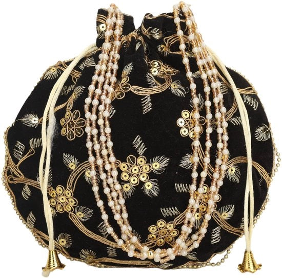 Borsa artigianale indiana in cotone e seta, borsa da donna, clutch mano a maglia per matrimoni, feste e regali. H-21,59 cm x B-20,32 cm - Nero scuro