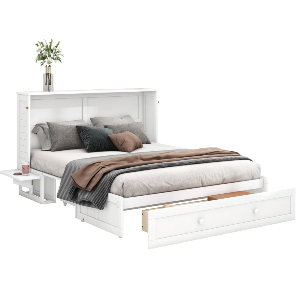 Letto a scomparsa 140x200 cm con cassetto e ripiani in pino e MDF bianco