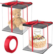 Set di contenitori per torte trasparenti da 2 pezzi - Cassetta per torte in plastica 30x30x35 cm con nastri - Base per dessert - Nero - Per torte fino a 10 pollici