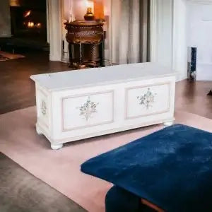 Cassapanca in legno Shabby chic mod cipolla bianco anticato decorato filo rosa