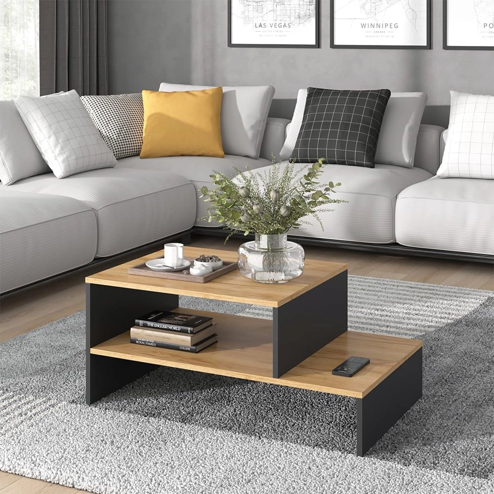 Tavolino da salotto Amely, Quercia dorata/antracite, 90 x 55 cm con ripiano