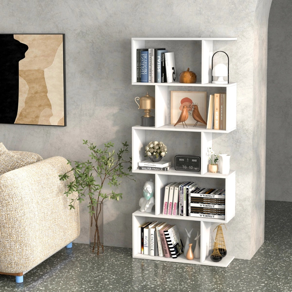 Scaffale a 5 ripiani con dispositivo antiribaltamento-Libreria geometrica a forma di S Bianco