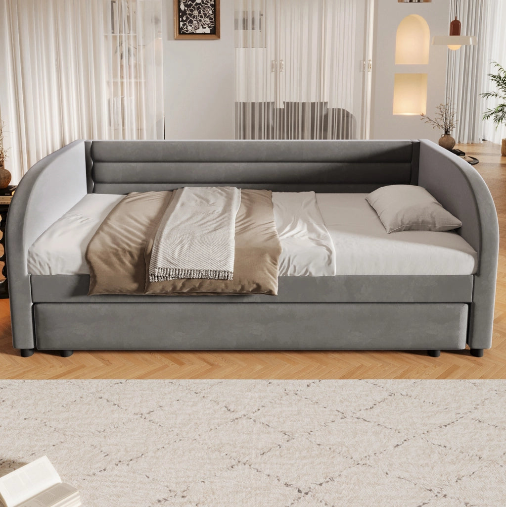 Letto piattaforma imbottito 90x200 cm con letto estraibile e illuminazione LED; grigio