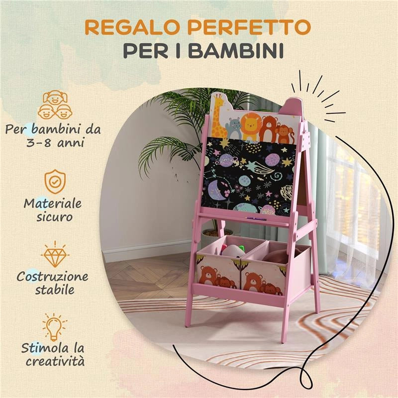 CAVALLETTO ARTISTICO PER BAMBINI 3-8 ANNI CON LAVAGNA A 2 LATI E 2 CESTINI CONTENITORI, IN LEGNO, 53.5X49X113 CM, ROSA