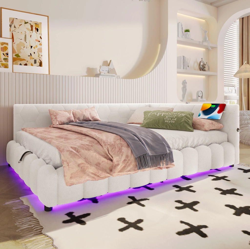 Letto daybed 140x200 cm con contenitore; LED; USB e Type-C; bianco