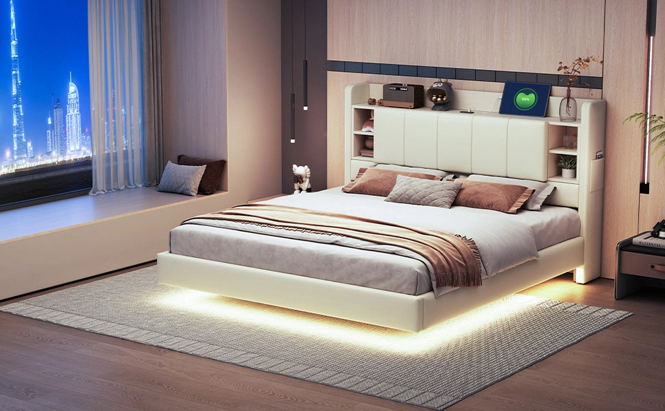 DESMIU Letto contenitore 160 × 200 cm 2 posti con LED, USB, ripiani e vani, senza materasso, beige