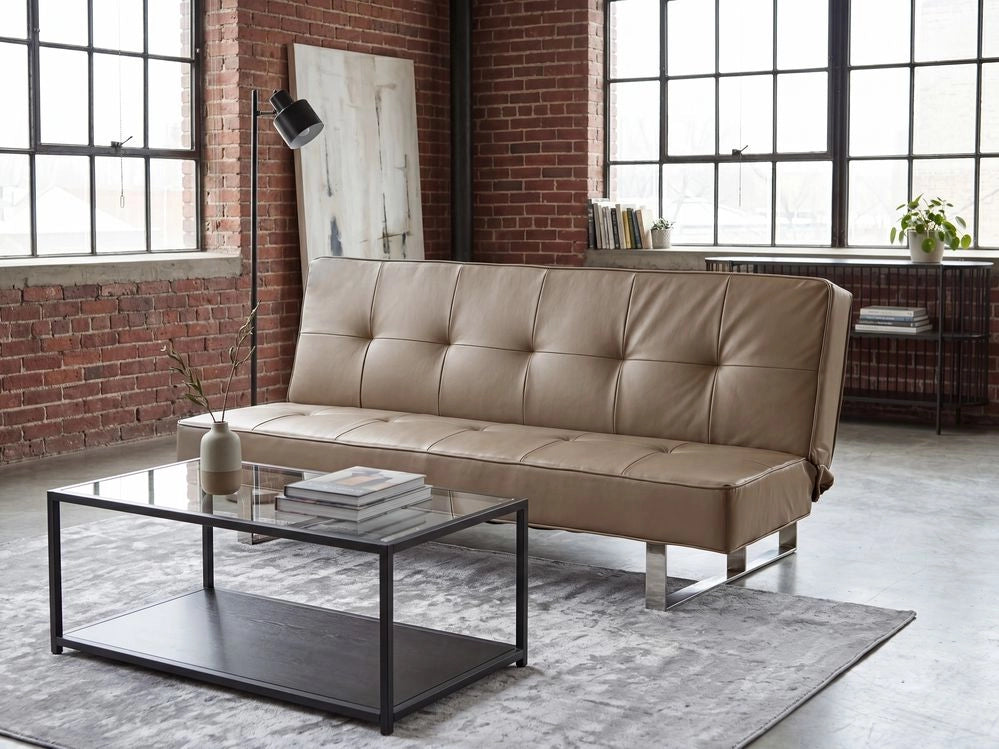 Divano letto in ecopelle beige moderno trasformabile a 3 posti senza braccioli dal design minimalista