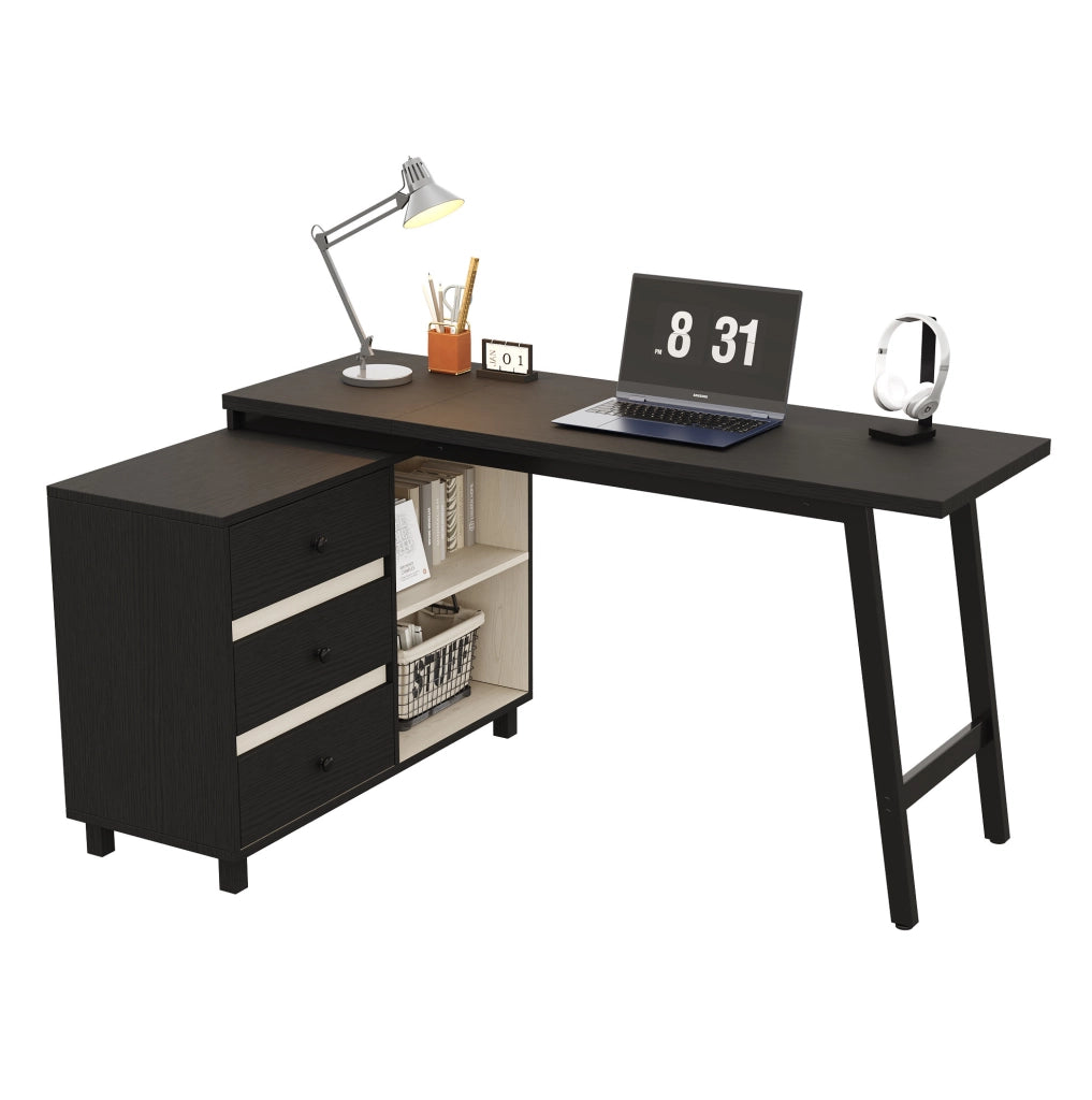 Scrivania angolare 150x100x76 cm con 3 cassetti e ripiani, nero e bianco