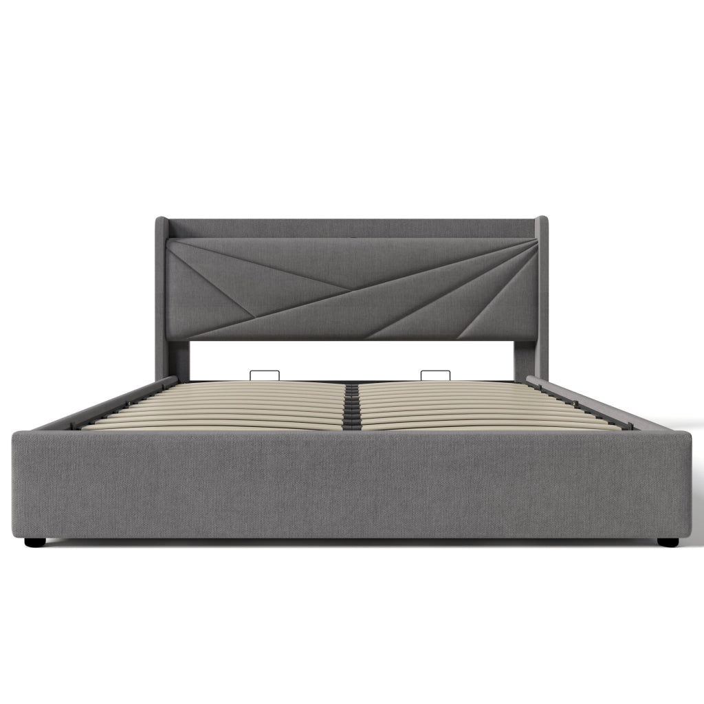 Letti contenitori 140x200 cm testiera con USB e Type-C cotone lino grigio (Senza materasso)