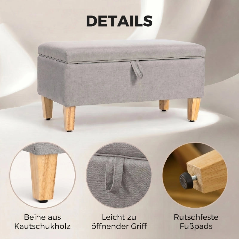 Panca contenitore imbottita con vano portaoggetti in effetto lino e gambe in legno, grigio chiaro 71 × 37 × 36 cm