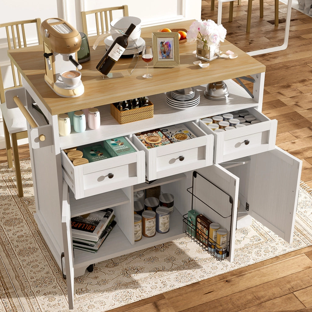 Isola da cucina con 3 cassetti; piano ribaltabile; portaasciugamani e ruote; in MDF e metallo; 118 x 43-70 x 98 cm; bianco