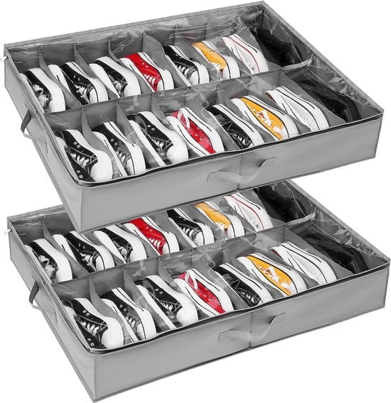 Organizzatore di Scarpe da 2 - Contenitori di Archiviazione per sotto il Letto - Spazio per 32 Paia di Scarpe - Pieghevole e Regolabile con Cinturino di Allacciamento