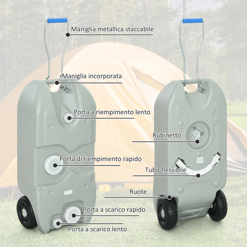 Serbatoio per Acqua da Campeggio 40L Tubo e Rubinetto Inclusi con Ruote Grigio