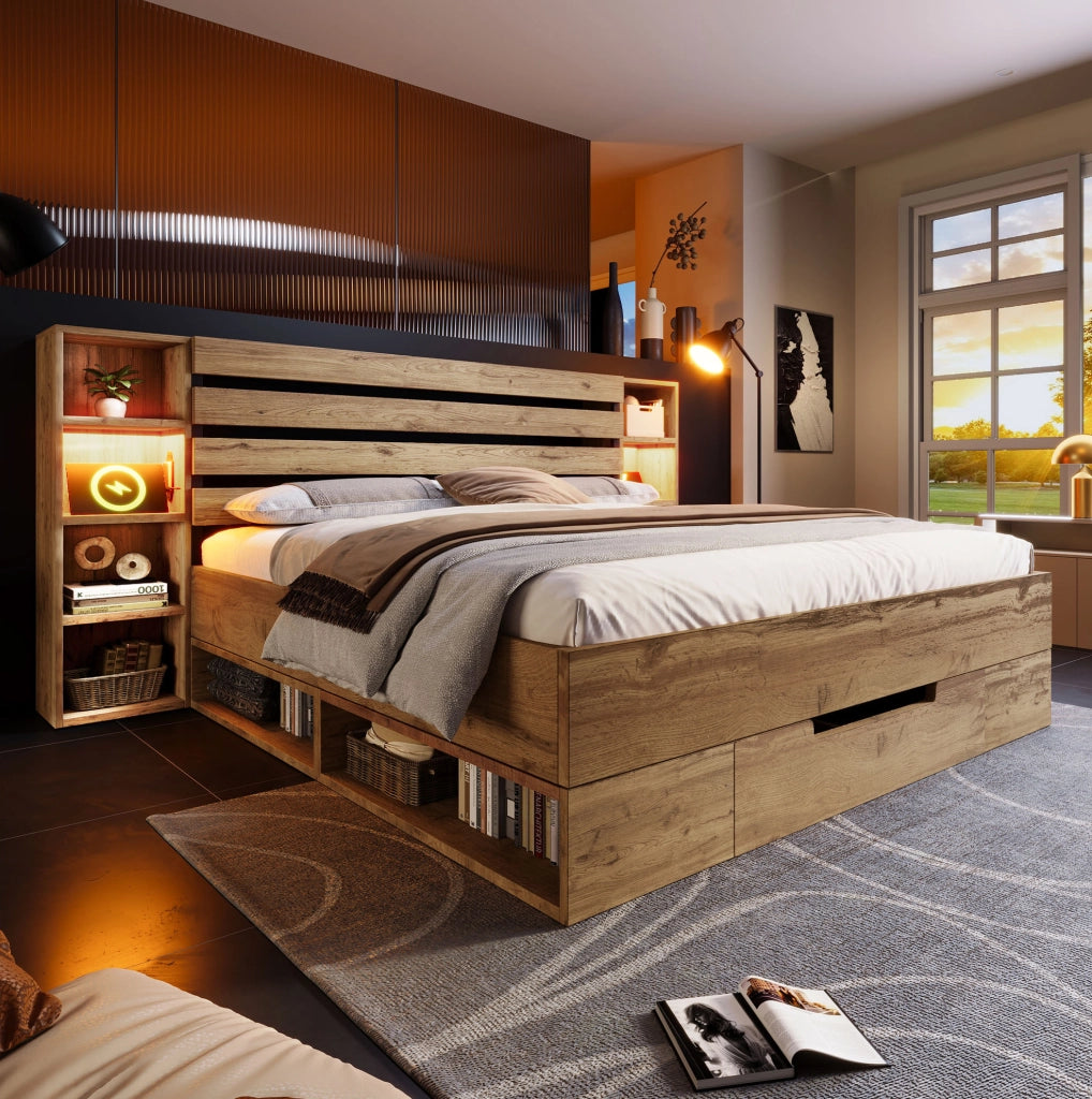 Letto matrimoniale in legno e metallo con LED, USB e contenitore