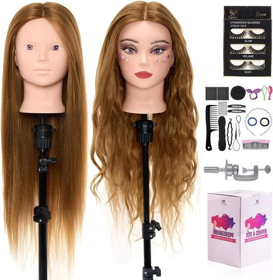 Capigliatura di allenamento 71 cm 60% capelli umani reali - Manichino di cosmetologia con supporto per tavolo e clip - Set di stile e acconciatura ciglia DIY (oro)