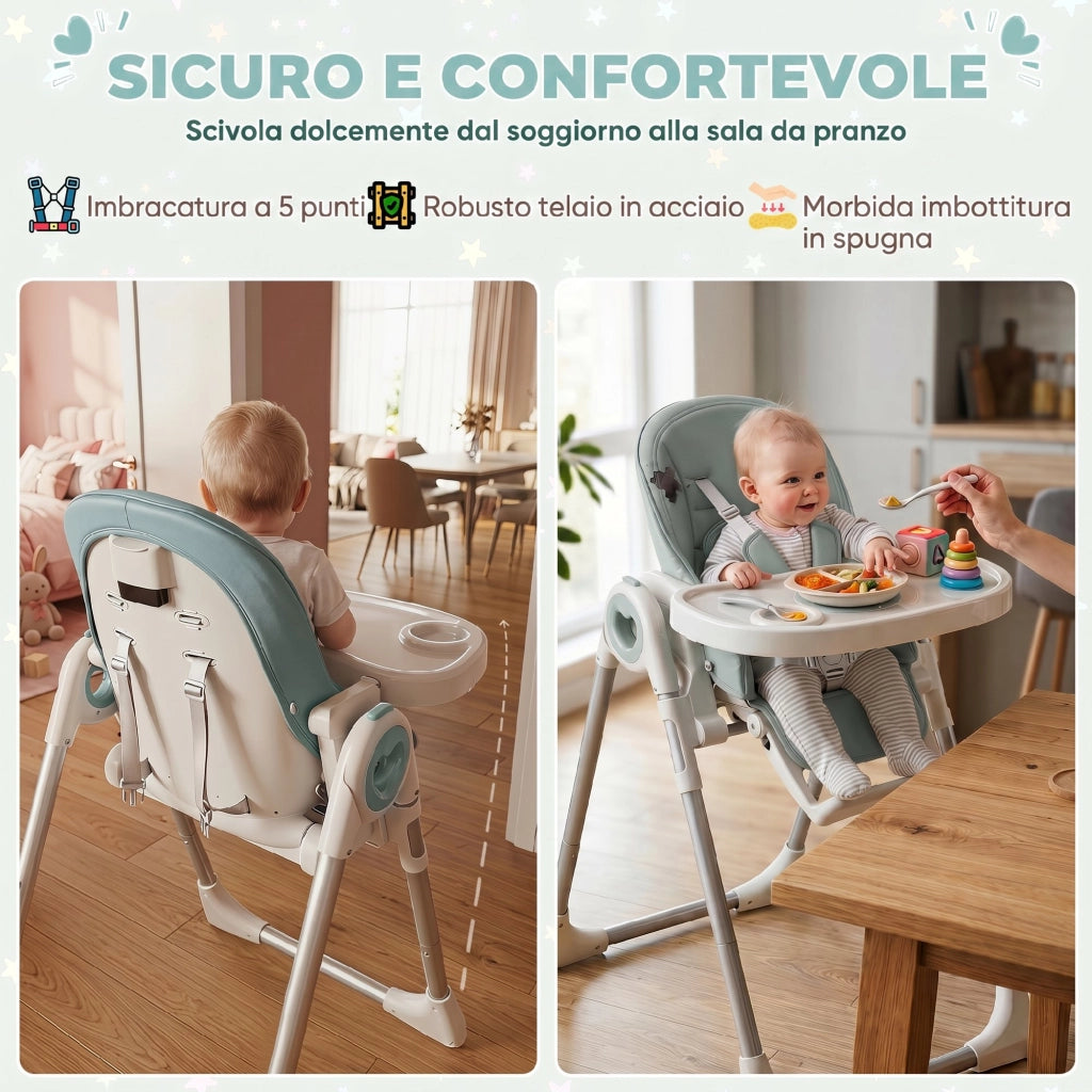 Seggiolone Pappa Pieghevole per Bambini 6-36 Mesi, Altezza Regolabile, Doppio Vassoio Lavabile e Ruote, Verde