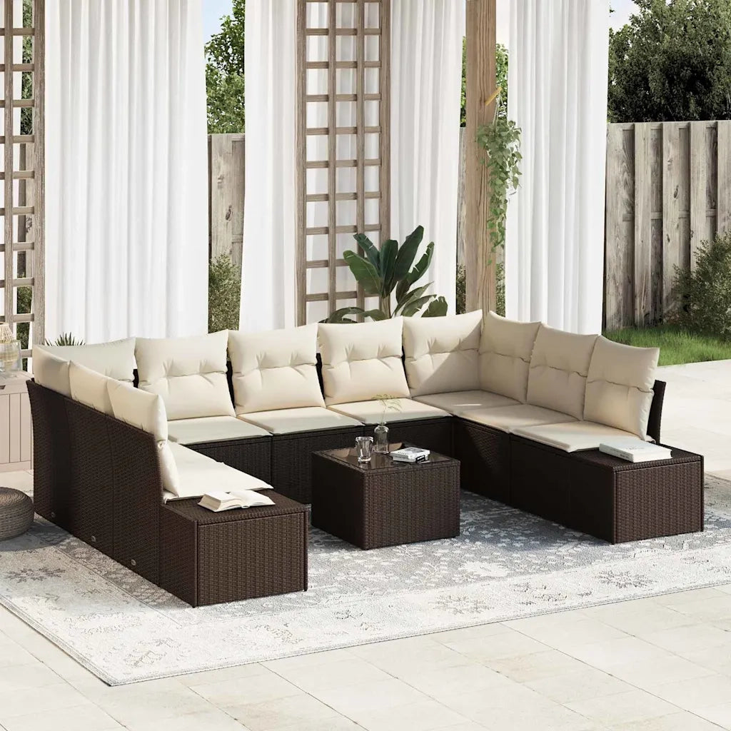 Set Divano da Giardino 9 pcs Marrone e Crema Polyrattan
