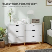 Cassettiera 6 Cassetti con Maniglie Laminate, in Legno di Pino, 120x40x76 cm, Bianca e color Legno