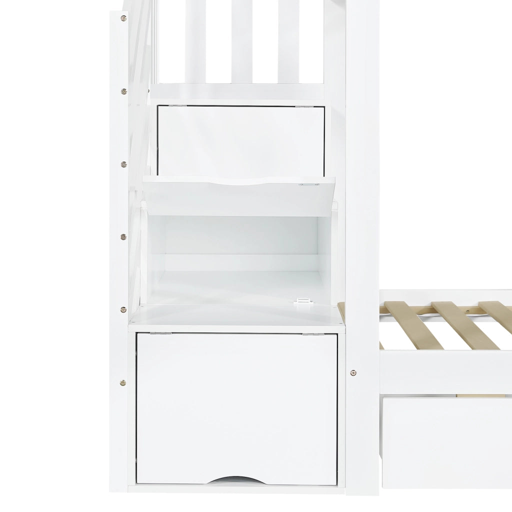 Letto a Castello 90x200 cm - Scivolo; Scaffale e 2 Cassetti - in Legno e MDF - Bianco