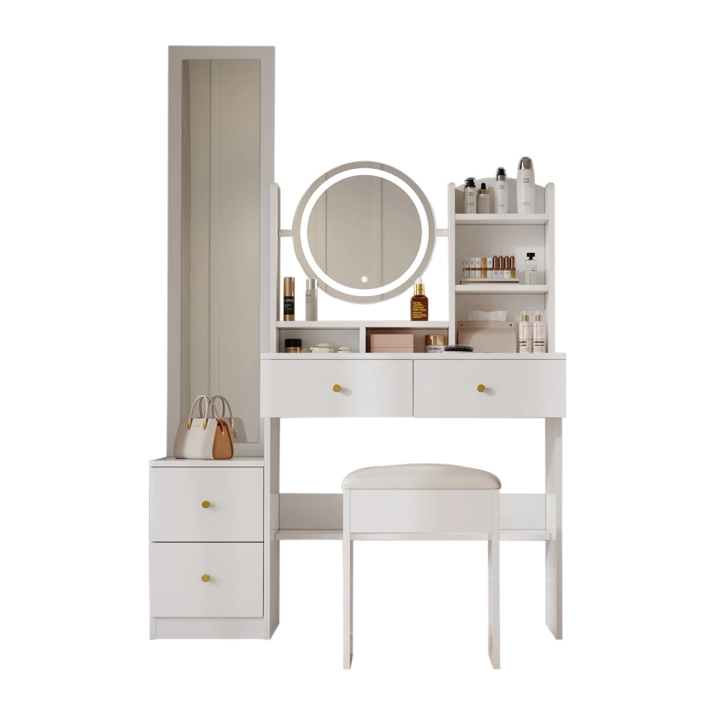 Toeletta 4 in 1 con specchio LED e specchio girevole, sgabello, 109x36x164 cm, bianca