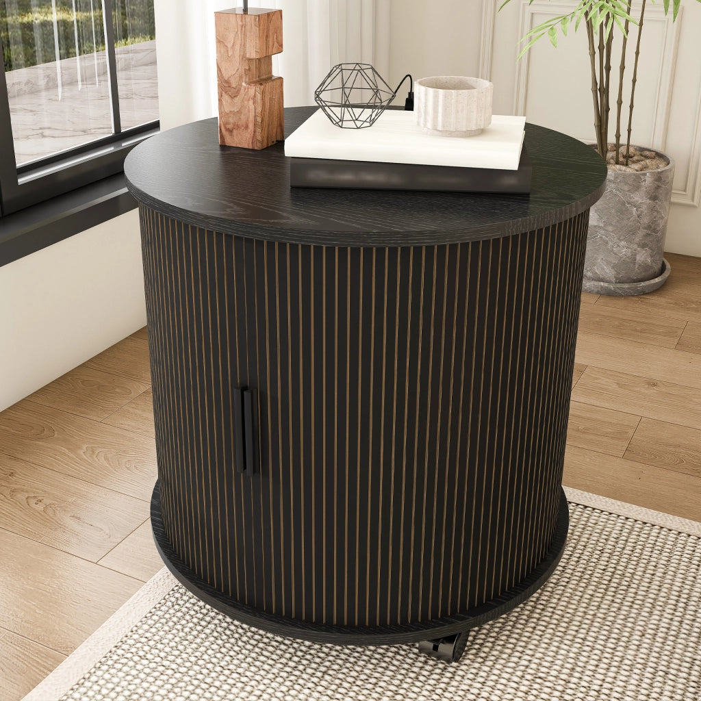 Comodino cilindrico stile mid-century con presa e 2 porte USB, anta scorrevole e vano contenitore, nero, 60 × 60 × 60 cm
