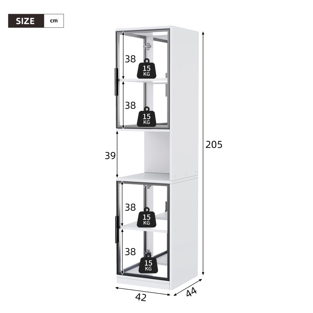 Vetrina con led e doppie ante in vetro con schienale a specchio e vano aperto per soggiorno 42 × 44 × 205 cm