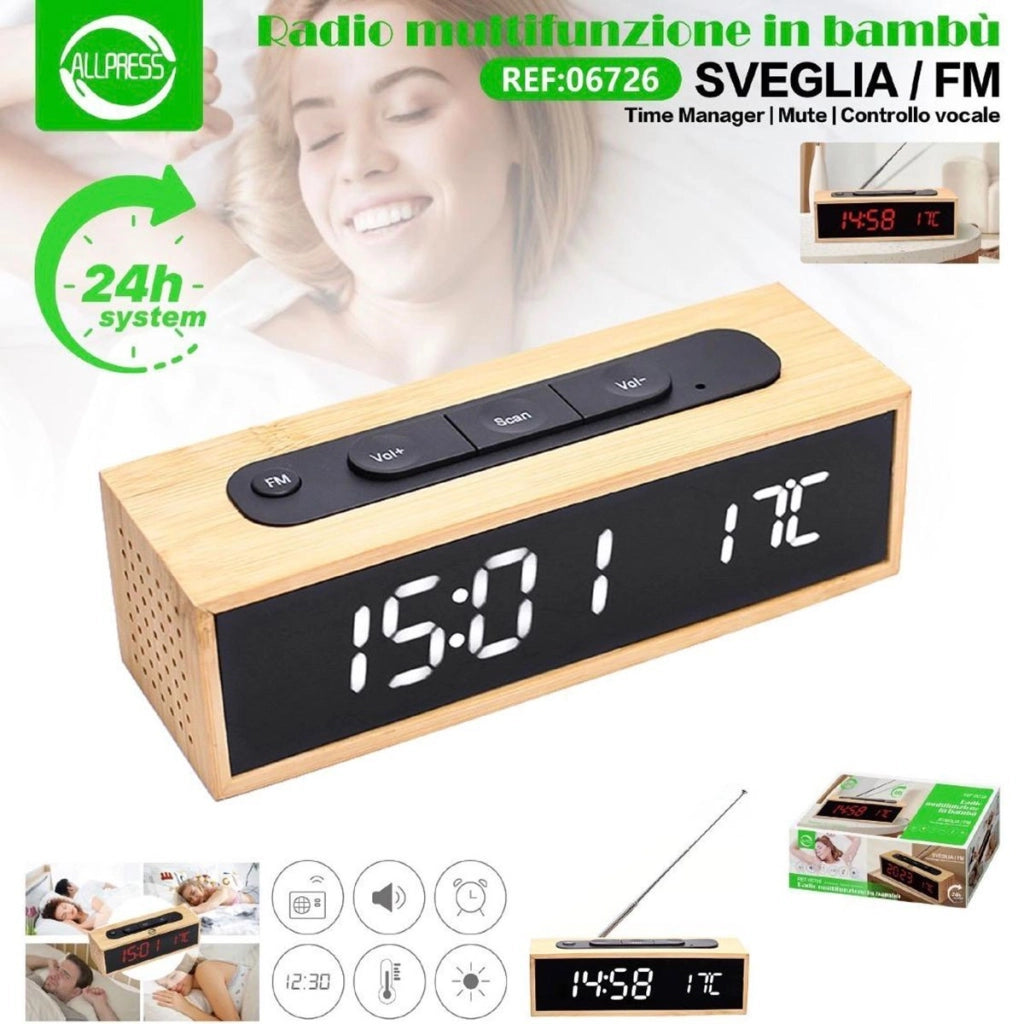 RADIO SVEGLIA OROLOGIO DIGITALE FM IN BAMBU DISPLAY LED EFFETTO LEGNO 24H 06726