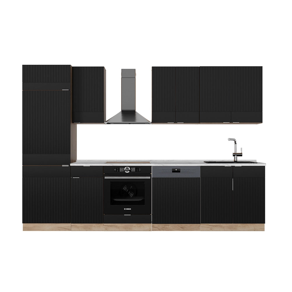 Cucina componibile Fame-Line Nero rigato/Rovere dorato 300 cm senza piano di lavoro Vicco