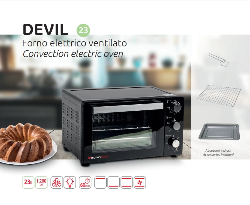 Melchioni Family Forno Elettrico Ventilato DEVIL Capacità 23 litri 3 Modalità di Cottura Timer da 60 Minuti 1200W Doppio Vetro Luce Interna e Temperatura Fino a 230° C 46X40X28 cm