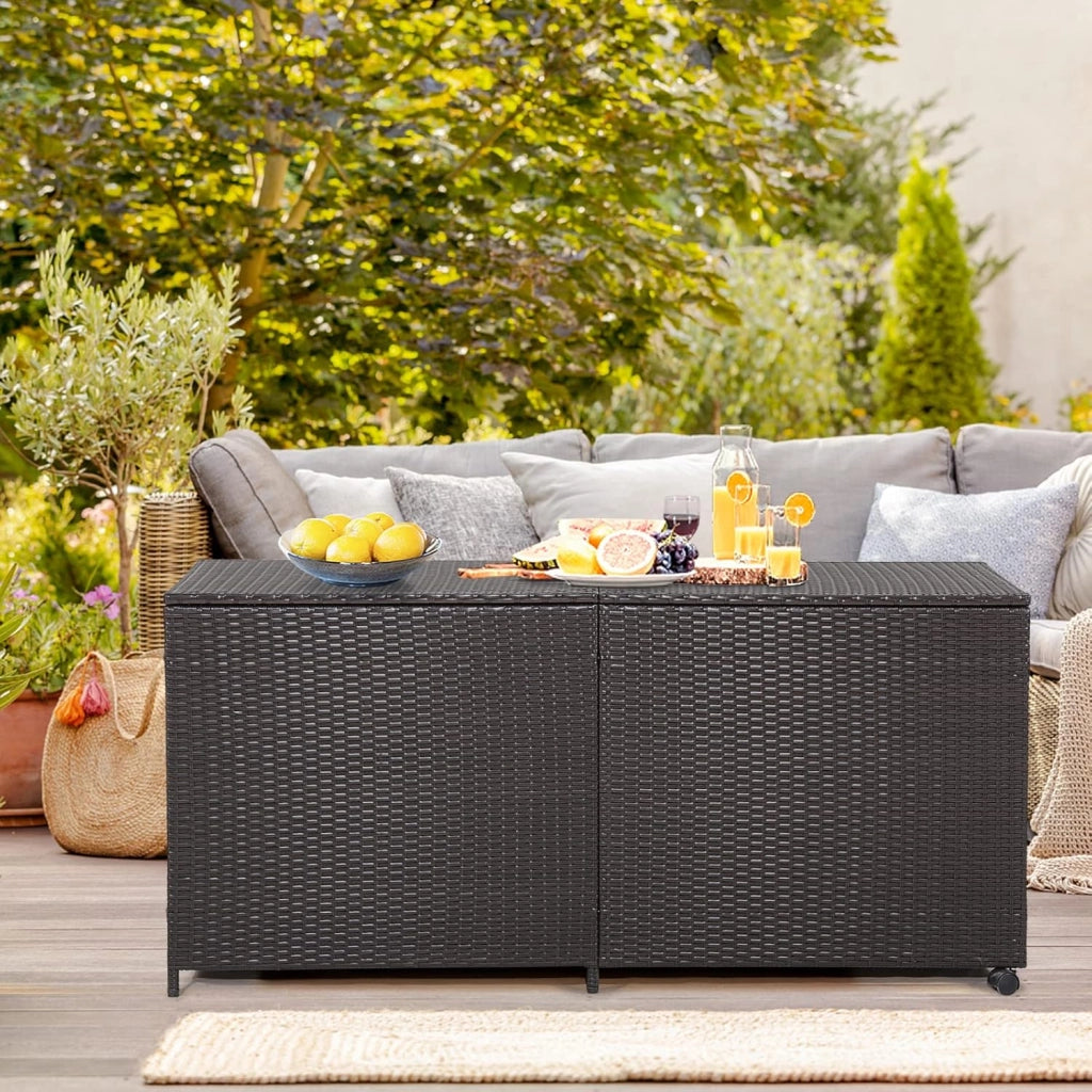 Scatola portaoggetti per esterni, arrotolabile, in polyrattan, con maniglie, contenitore portaoggetti 150 x 77 x 72 cm, impermeabile con coperchio, contenitore con spazio ventilato