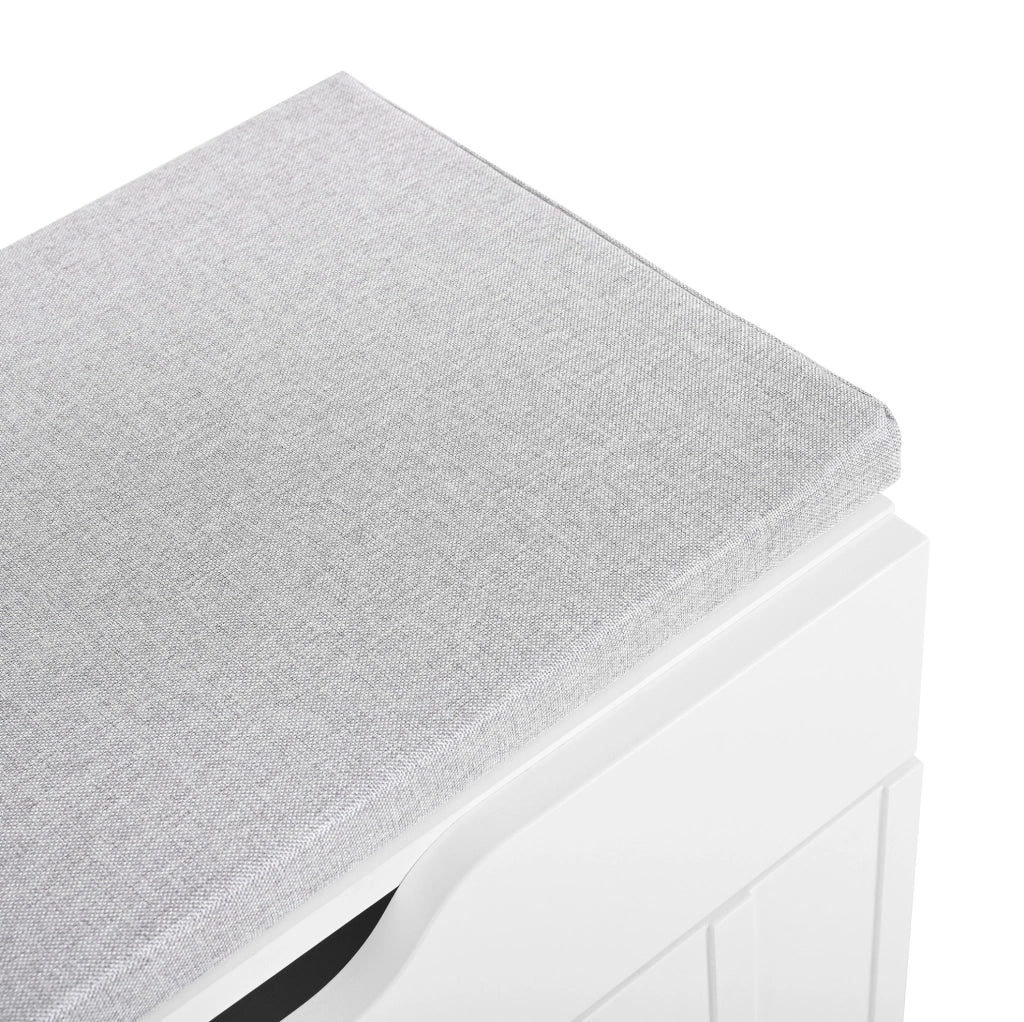 Scarpiera a 3 ante con cassetto e seduta imbottita 90x35x74;5 cm; bianco in MDF