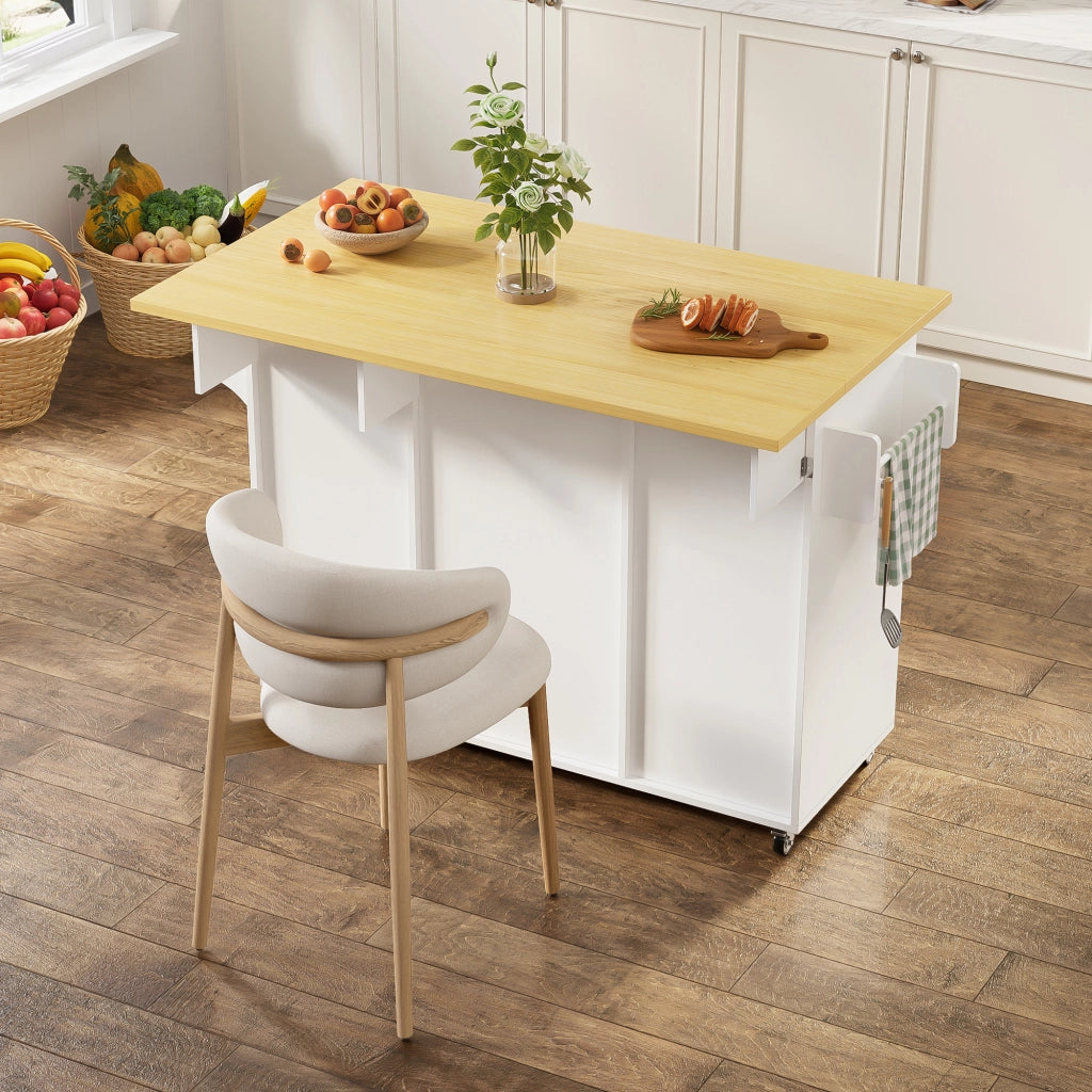 Isola da cucina su ruote con piano ribaltabile, 2 cassetti, ripiano spezie e portasciugamani, 120×45(70)×92 cm