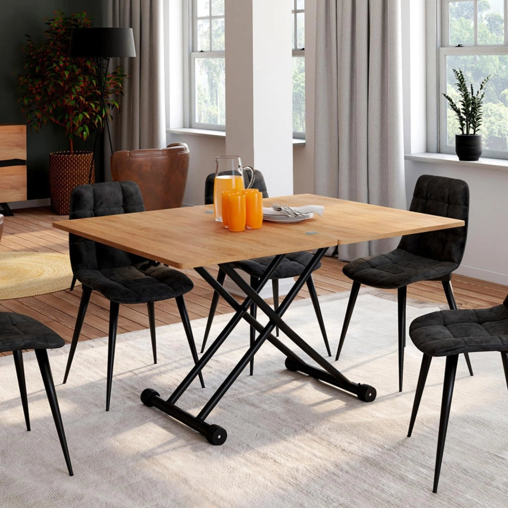Tavolino 2 in 1 URBANA, trasformabile in tavolo da pranzo rettangolare, 100 cm, legno e nero, design industriale