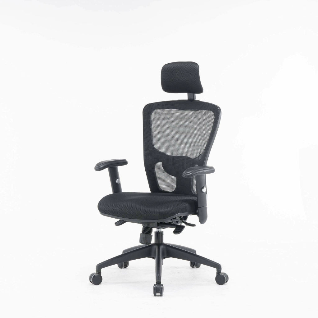 Sedia da ufficio Asterio, Poltrona direzionale a rete con braccioli, Seduta ergonomica da ufficio, 68x66h120/130 cm, Nero