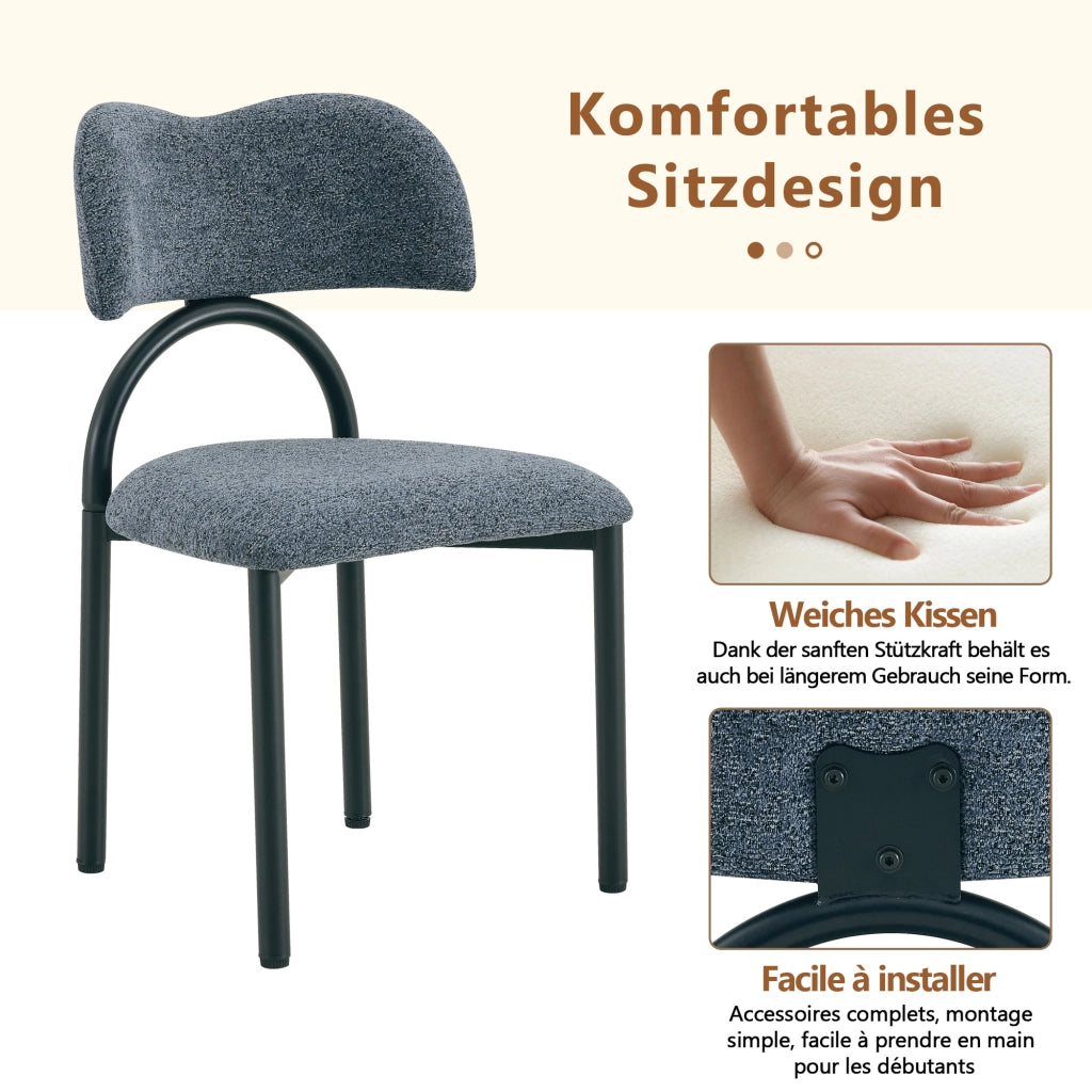 Set di 2 sedie da sala da pranzo moderne imbottite con schienale curvo e struttura in metallo nero, tessuto blu