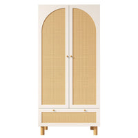 Armadio guardaroba 2 ante con vimini - Xylo - stile cottage, grande cassetto, ripiani regolabili, bianco, 180x85x52 cm