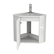 Mobile bagno angolare con lavabo in ceramica e paraschizzi; ante con chiusura ammortizzata; per bagno; bianco