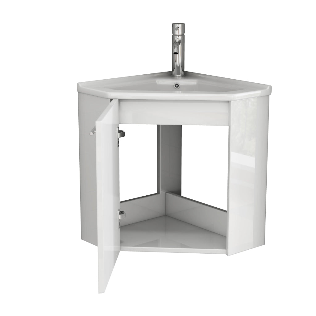 Mobile bagno angolare con lavabo in ceramica e paraschizzi; ante con chiusura ammortizzata; per bagno; bianco