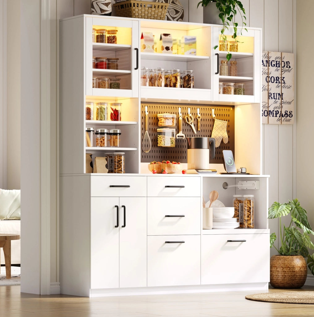 Credenza da cucina con presa integrata e LED RGB; 5 cassetti; ripiani regolabili; MDF bianco