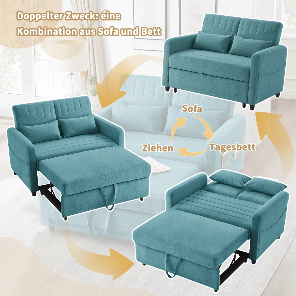 OKWISH Divano Letto 2 Posti, Design Estraibile con Schienale Regolabile a 3 Posizioni e 2 Cuscini, Tessuto Cotone Lino, Blu Verde Anticato