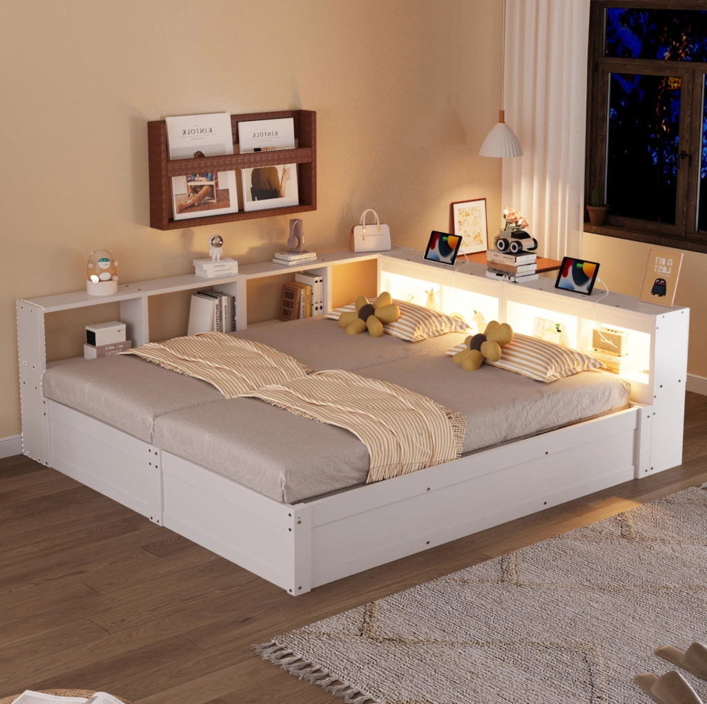 Letto multifunzionale 90/180x200 cm con LED, prese integrate e vani contenitore