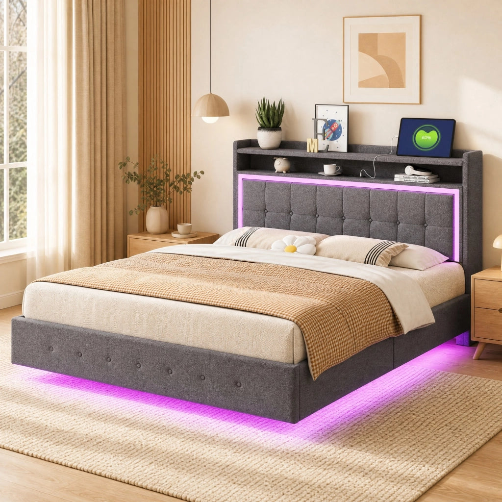 LETTO Imbottito 140x200 cm Grigio con USB e LED