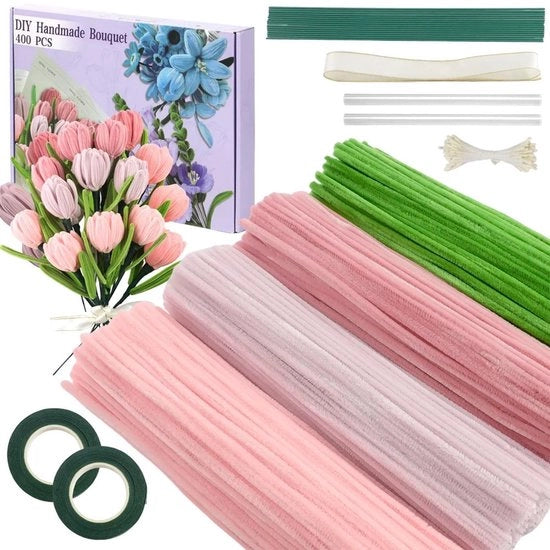 Imballaggio per fiori manuale per bouquet di tulipani da regalo — 400 stecchi per fiori — Incluso filo per fiori, nastro e meccanismo per fiori — Per la realizzazione di bouquet fioriti — Tulipani — Rosa