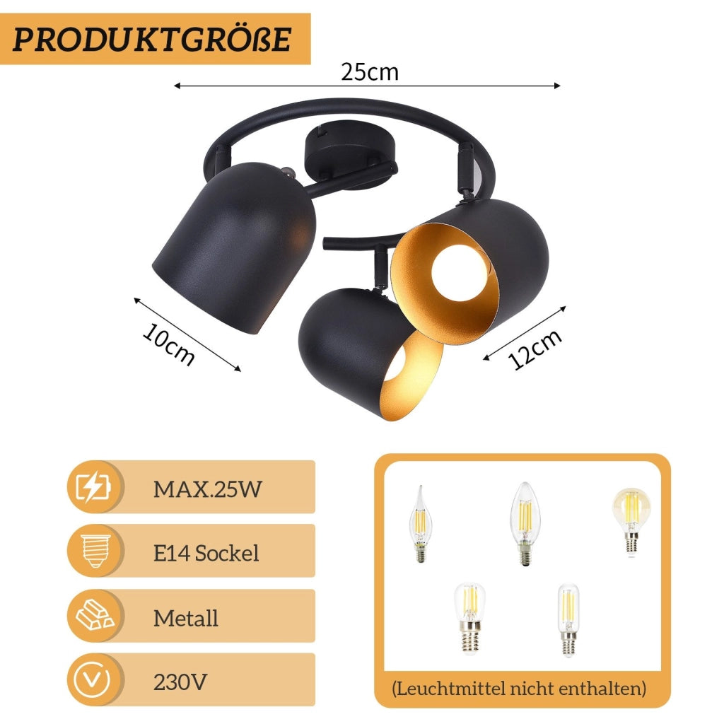 ZMH Faretto da soffitto 3 fiamme nero oro E14 lampada da soffitto girevole 350° soggiorno