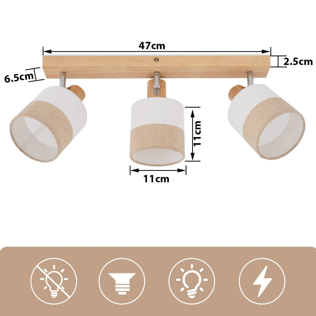 ZMH Faretto da soffitto vintage 3 luci E14 legno tessuto orientabili 350° max 25W senza lampadina
