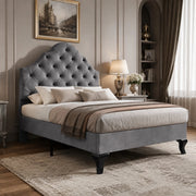 Letto imbottito singolo 90x200 cm in velluto grigio con testiera imbottita e rete a doghe